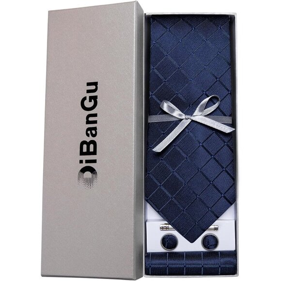 🆕Men Blue Plaid Silk Checkered Necktie and Pocket Square Cufflinks Tie Clip Set - Picture 4 of 6